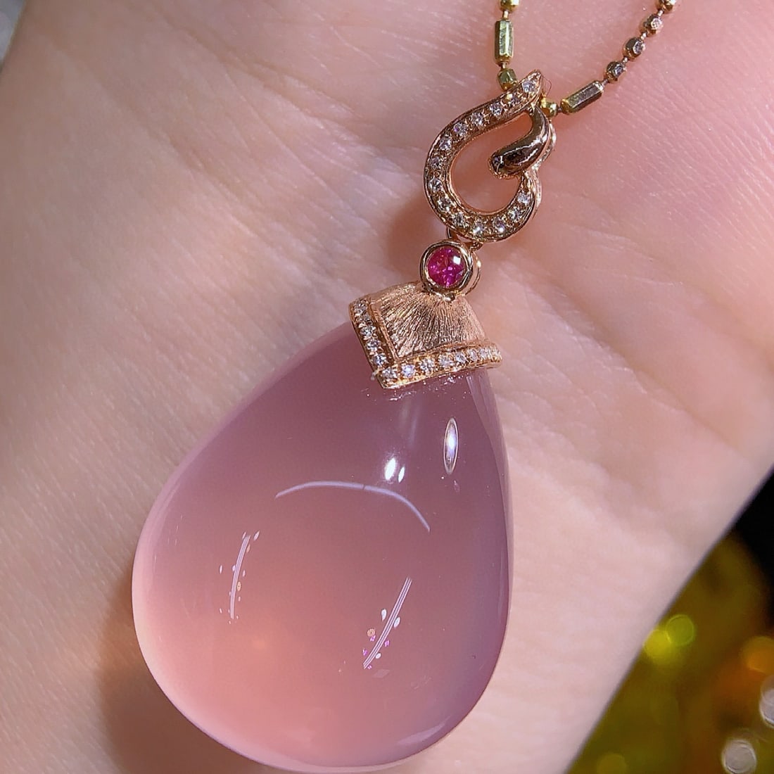 14k Gold 10.21 Ct Natural Rose Quartz & Diamond Pendant( Without Chain ) - 4