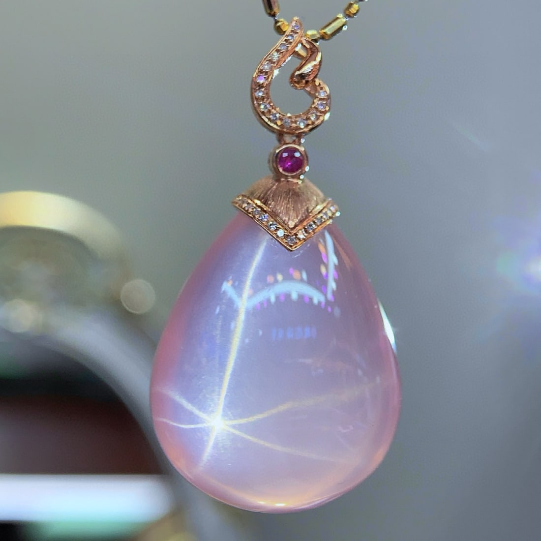 14k Gold 10.21 Ct Natural Rose Quartz & Diamond Pendant( Without Chain ) - 5