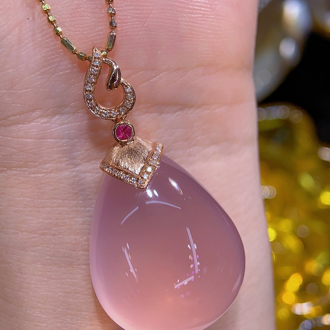 14k Gold 10.21 Ct Natural Rose Quartz & Diamond Pendant( Without Chain ) - 7