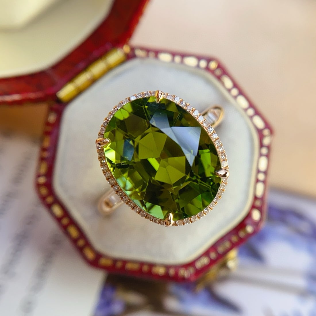 14k Gold 5.85 Ct Natural Tourmaline & Diamond Ring: Ref:231070392 // gold content:14k gold // ring size:7. 25us // // main gemstone:tourmaline // shape:oval // carat weight:5. 85ct // color:green // treatment:natural // // adjacent gemstone 2 :