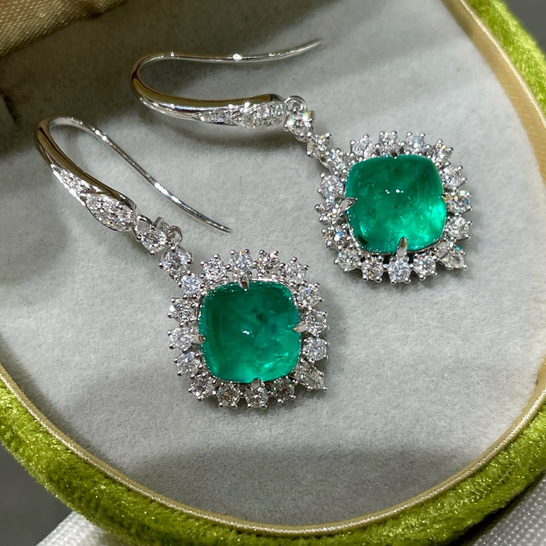 14k Gold 5.14 Ct Vivid Green Natural Emerald & Diamond Earrings - 4