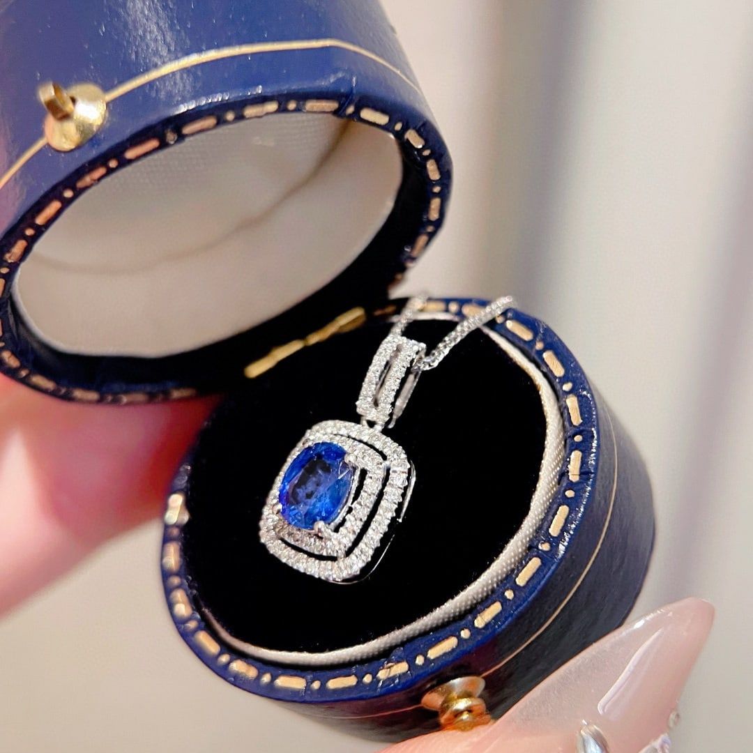 14k Gold 0.6 Ct Vivid Blue Natural Sapphire & Diamond Pendant( Without Chain ) - 2