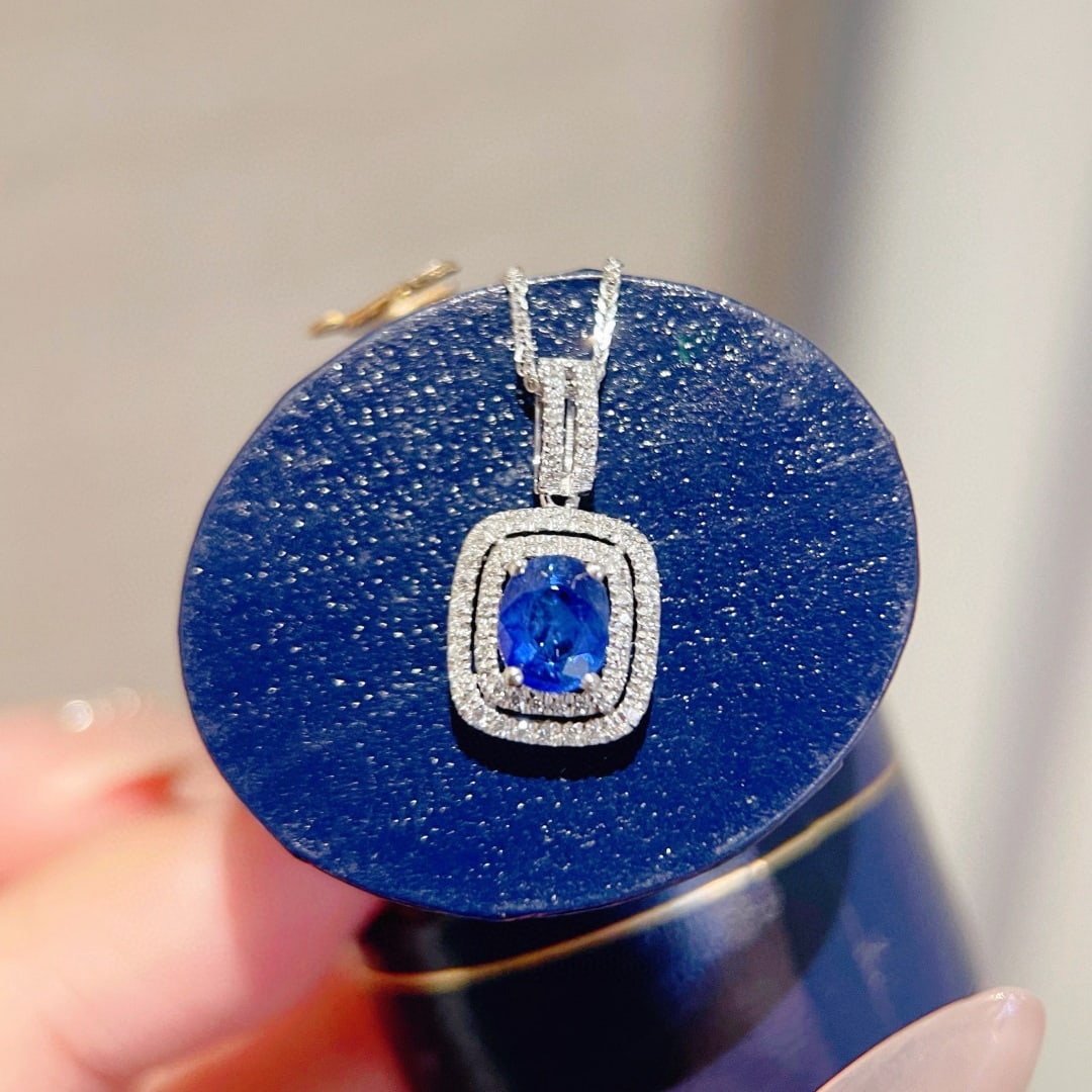 14k Gold 0.6 Ct Vivid Blue Natural Sapphire & Diamond Pendant( Without Chain ) - 3