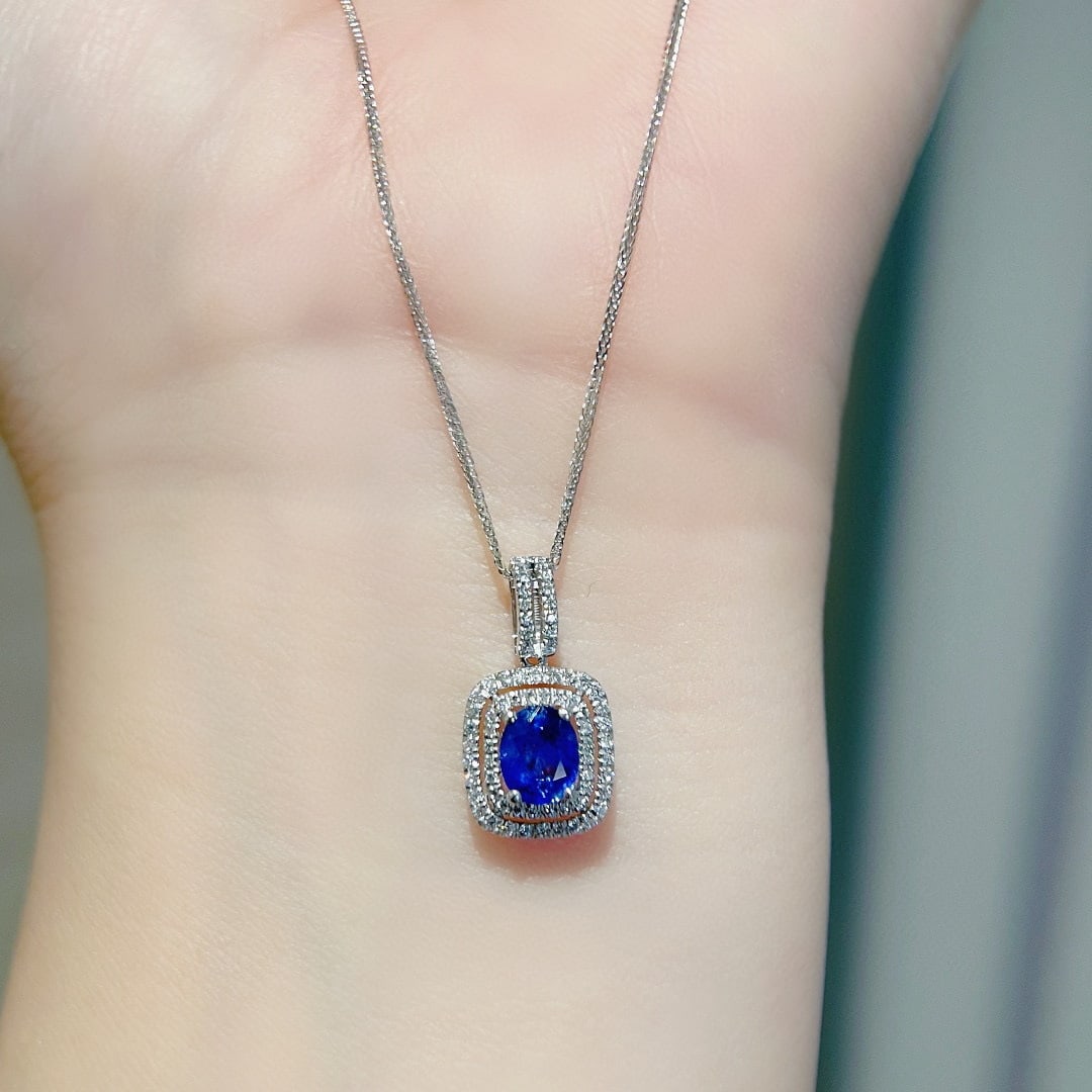 14k Gold 0.6 Ct Vivid Blue Natural Sapphire & Diamond Pendant( Without Chain ) - 4