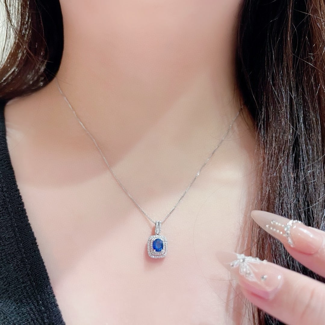 14k Gold 0.6 Ct Vivid Blue Natural Sapphire & Diamond Pendant( Without Chain ) - 5