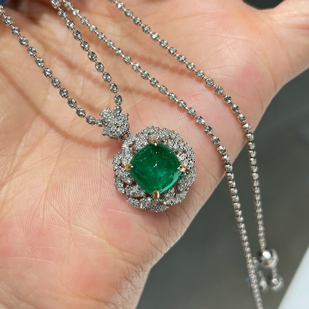 14k Gold 3 Ct Vivid Green Natural Emerald & Diamond Pendant( Without Chain ) - 5