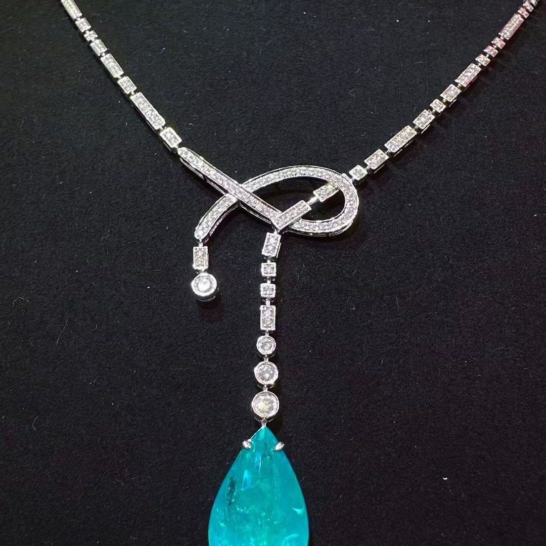 14k Gold 7.25 Ctw Natural Paraiba Tourmaline & Diamond Necklace - 2