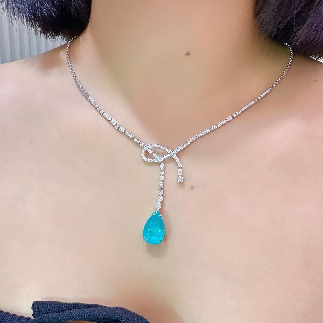 14k Gold 7.25 Ctw Natural Paraiba Tourmaline & Diamond Necklace - 3