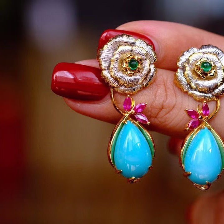 14k Gold 8 Ct Natural Blue Turquoise & Ruby & Emerald Earrings: Ref:231071020 // gold content:14k gold // main gemstone:blue turquoise // shape:pear // carat weight:8ct // color:blue // treatment:natural // // adjacent gemstone 2 : ruby // shape:marquise //