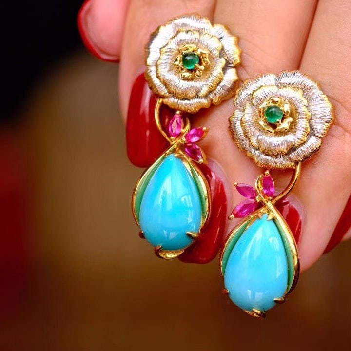14k Gold 8 Ct Natural Blue Turquoise & Ruby & Emerald Earrings - 2