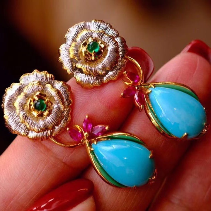14k Gold 8 Ct Natural Blue Turquoise & Ruby & Emerald Earrings - 3
