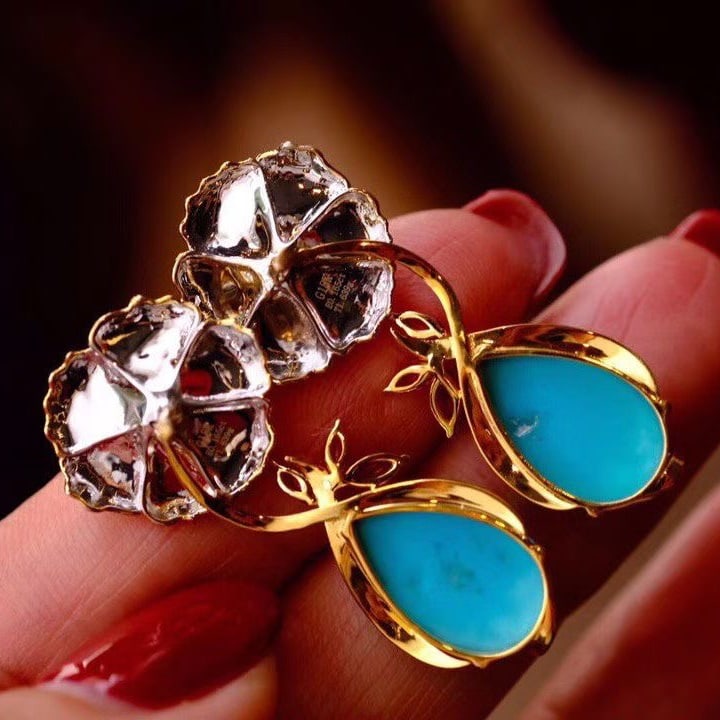 14k Gold 8 Ct Natural Blue Turquoise & Ruby & Emerald Earrings - 4