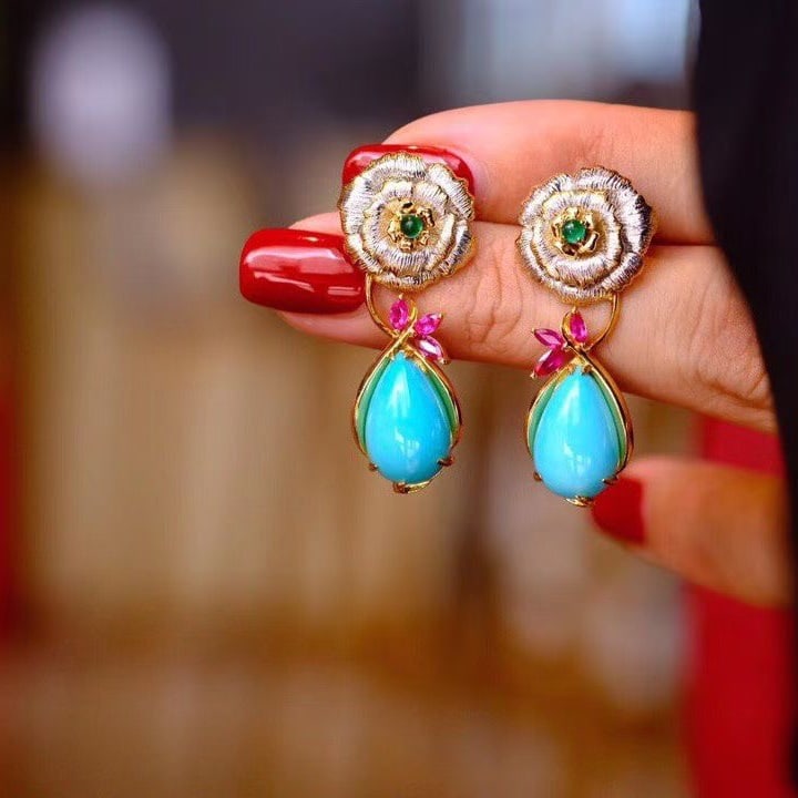 14k Gold 8 Ct Natural Blue Turquoise & Ruby & Emerald Earrings - 6