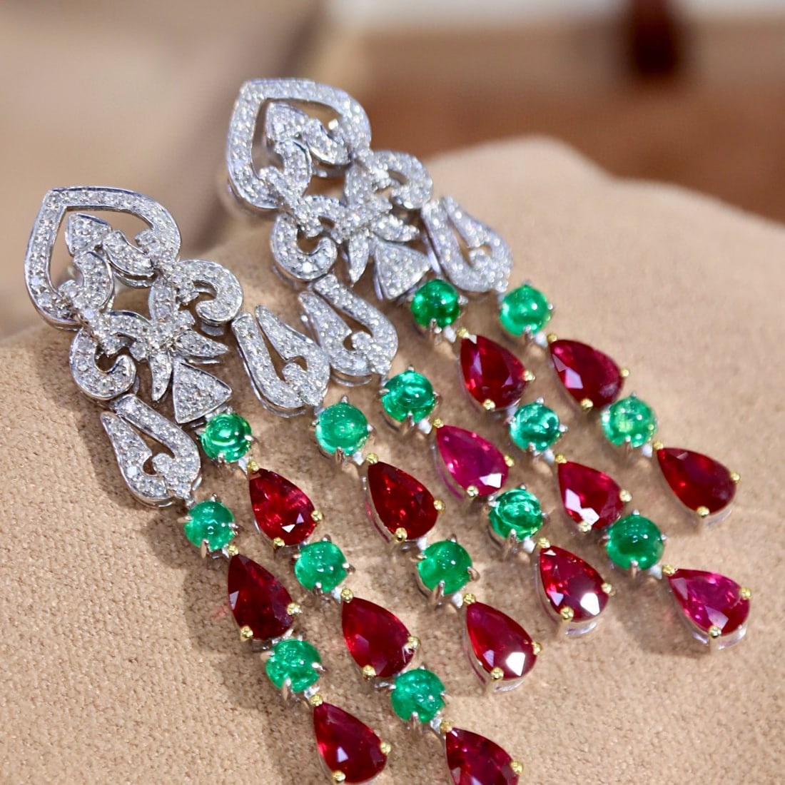 14k Gold 5.27 Ctw Natural Ruby & Emerald & Diamond Earrings - 2