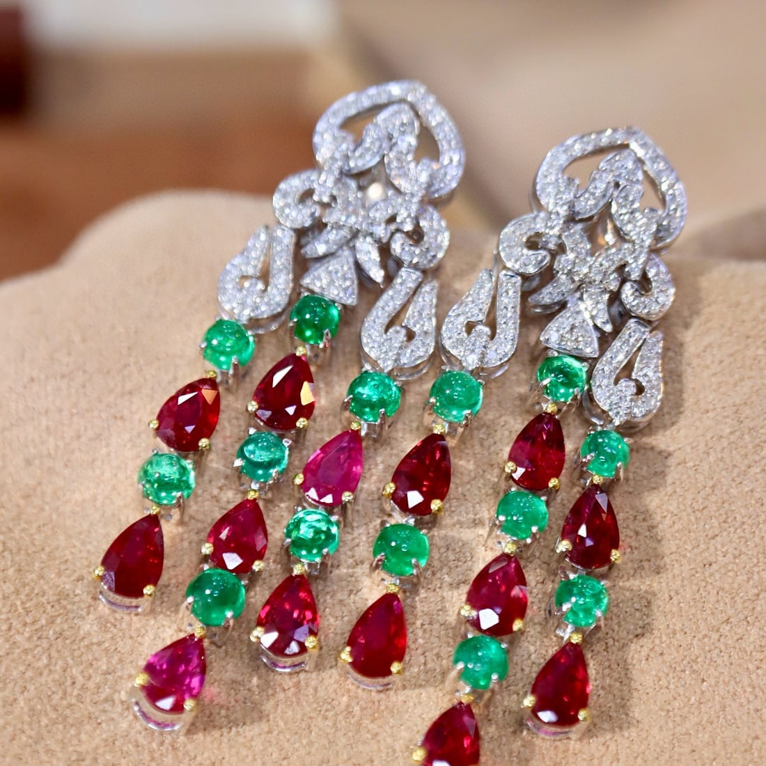 14k Gold 5.27 Ctw Natural Ruby & Emerald & Diamond Earrings - 3