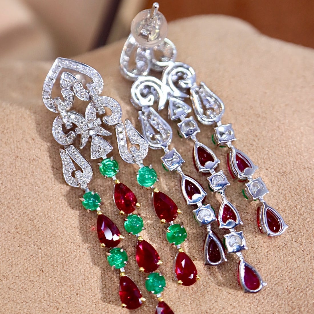 14k Gold 5.27 Ctw Natural Ruby & Emerald & Diamond Earrings - 4