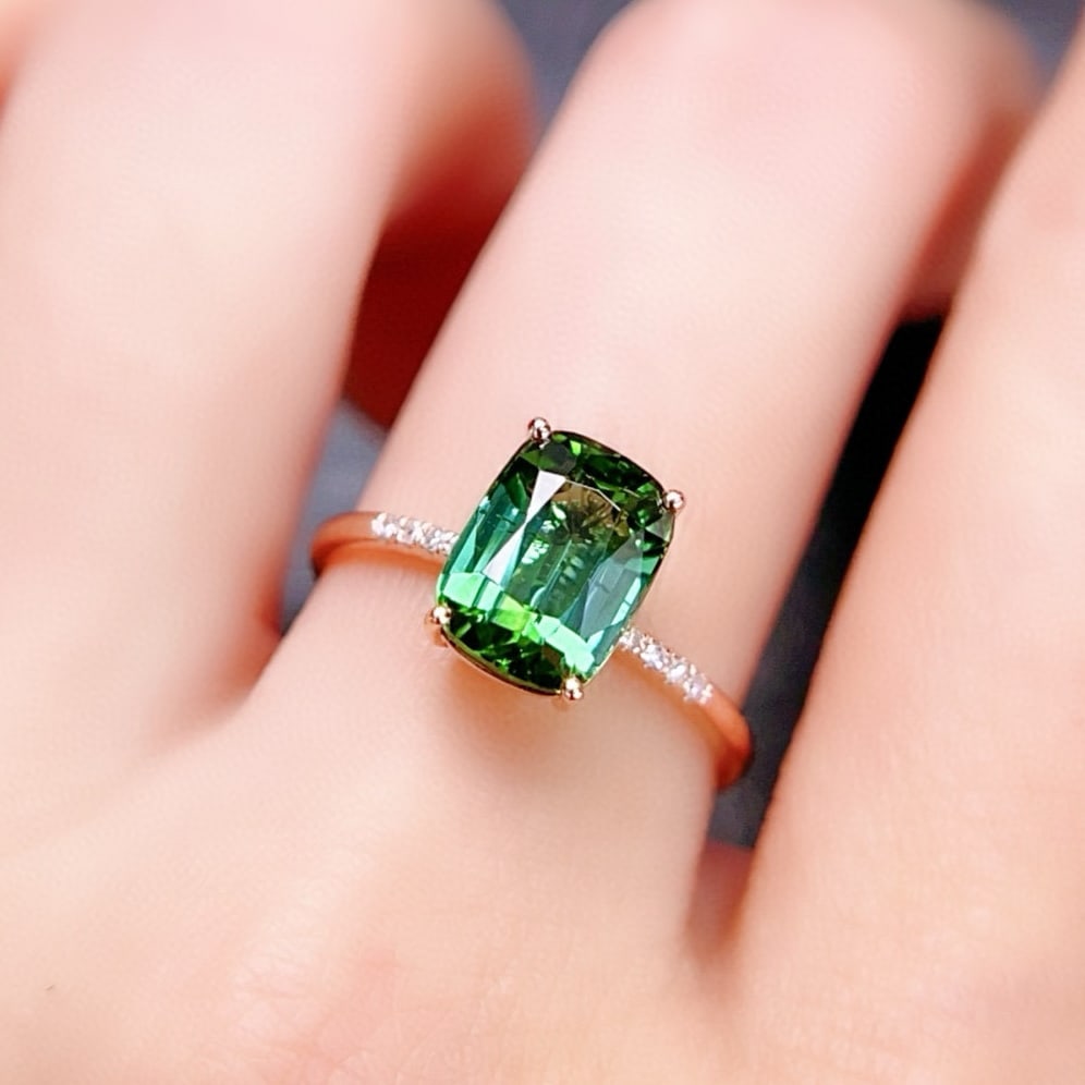 14k Gold 2.54 Ctw Natural Tourmaline & Diamond Ring: Ref:231071044 // gold content:14k gold // ring size:7. 25us // // main gemstone:tourmaline // shape:cushion // carat weight:2. 5ct // color:green // treatment:natural // // adjacent gemstone 2 :
