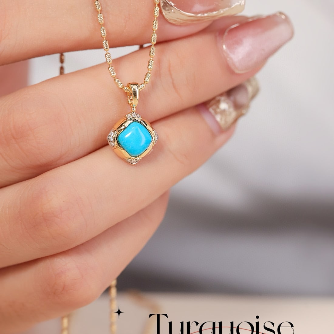 14k Gold 0.94 Ctw Natural Blue Turquoise & Diamond Pendant( Without Chain ) - 2