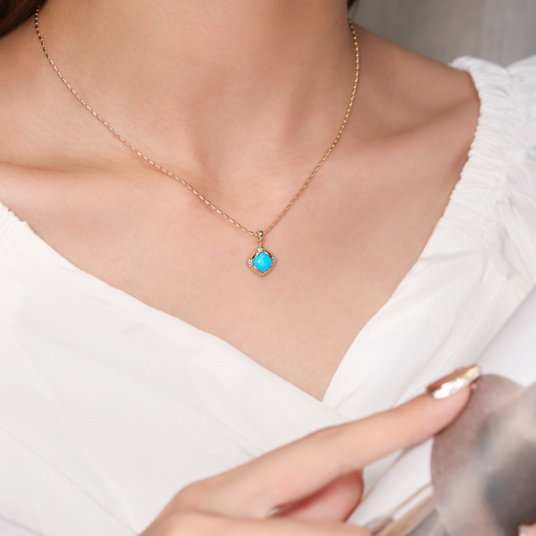 14k Gold 0.94 Ctw Natural Blue Turquoise & Diamond Pendant( Without Chain ) - 3