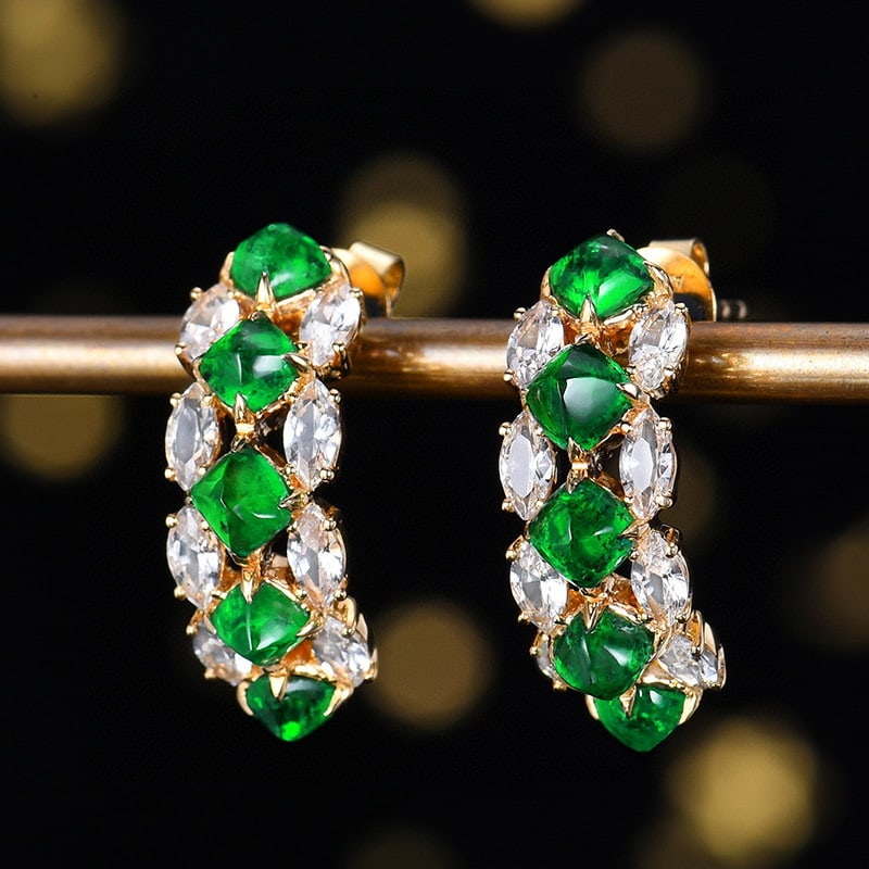 14k Gold 3.21 Ctw Vivid Green Natural Emerald & Sapphire Earrings - 2
