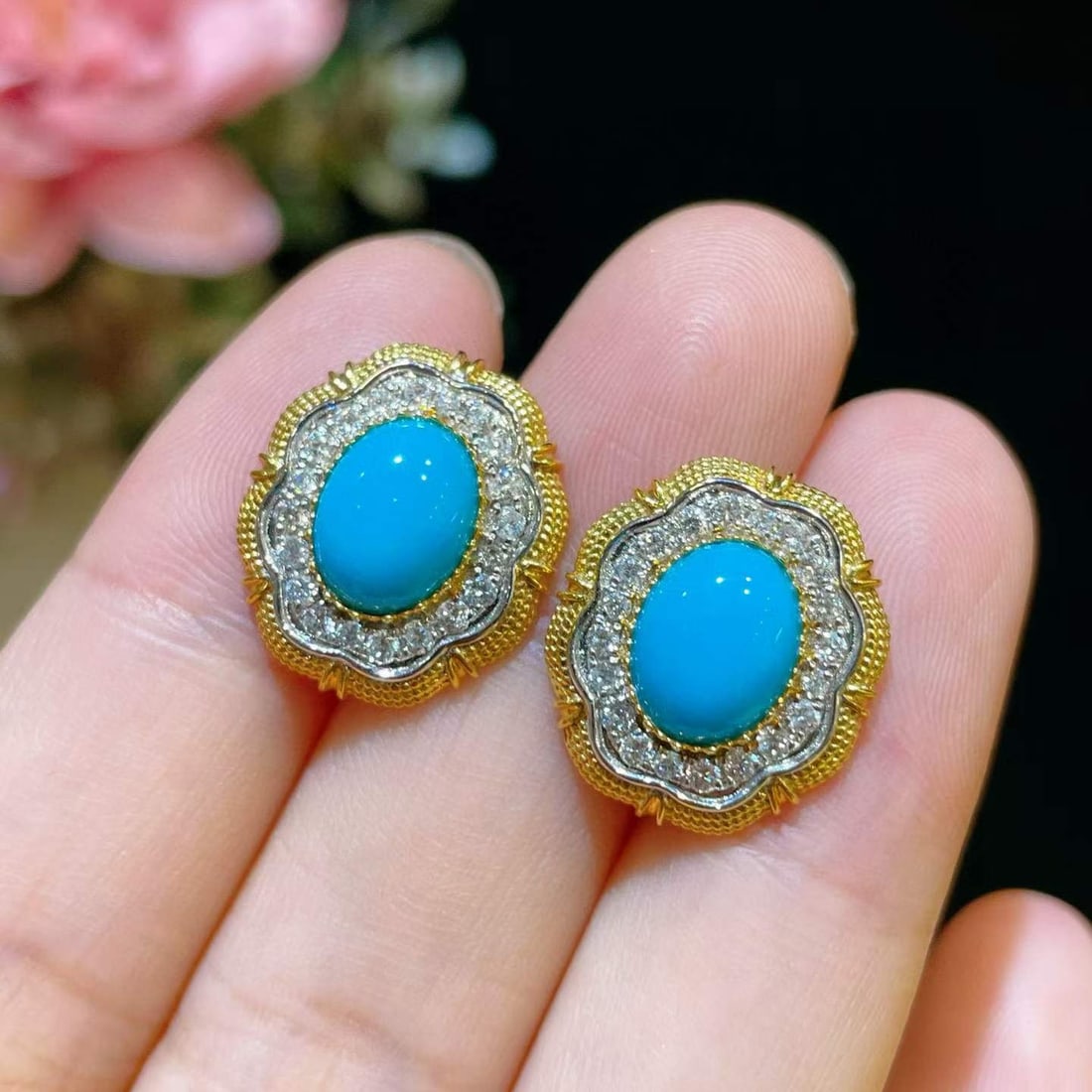 14k Gold 3.39 Ctw Natural Blue Turquoise & Diamond Earrings - 2