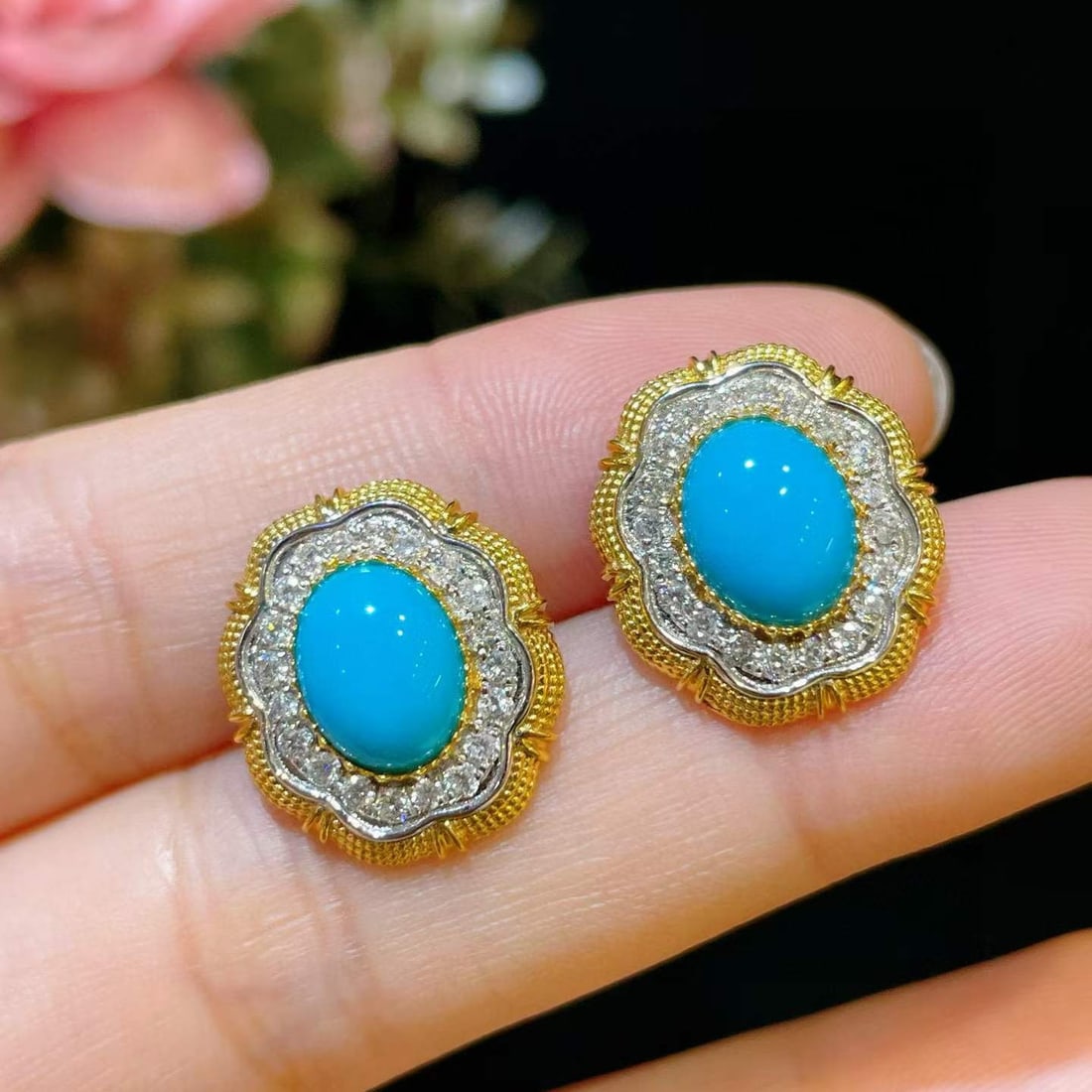 14k Gold 3.39 Ctw Natural Blue Turquoise & Diamond Earrings - 3