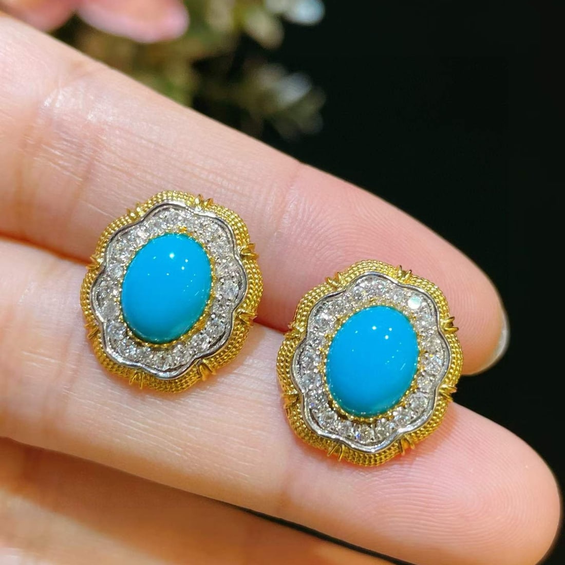 14k Gold 3.39 Ctw Natural Blue Turquoise & Diamond Earrings - 4