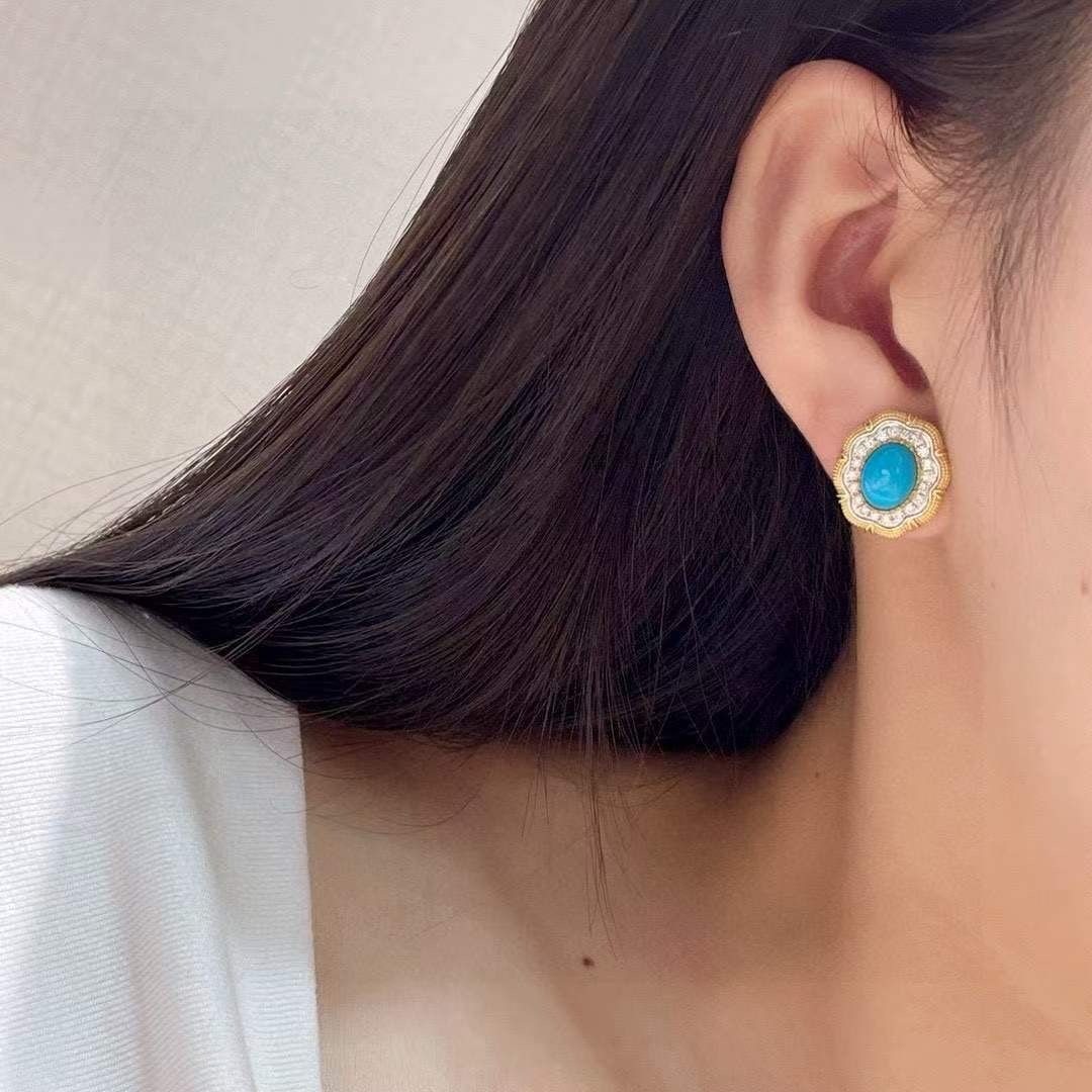 14k Gold 3.39 Ctw Natural Blue Turquoise & Diamond Earrings - 5