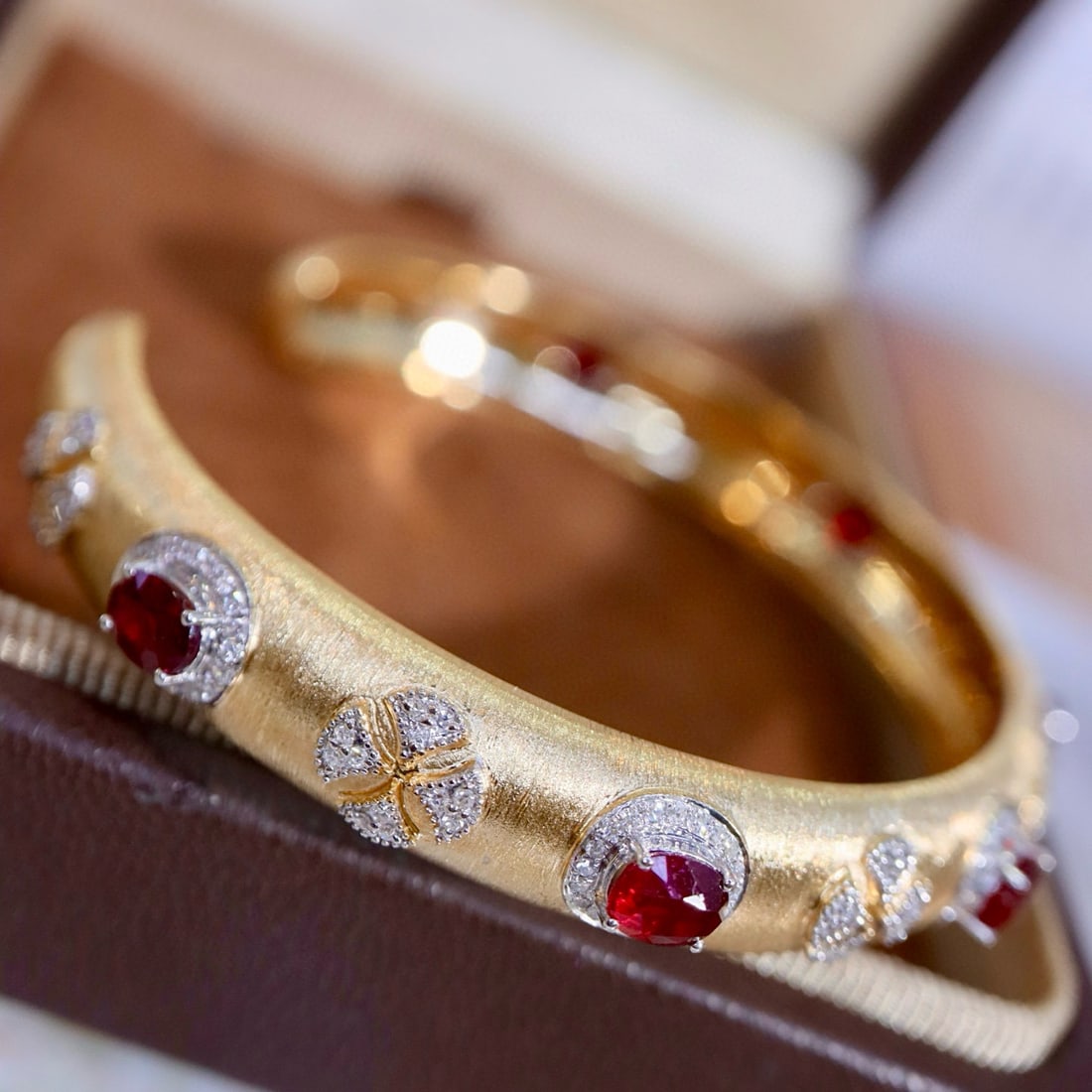 14k Gold 3.40 Ctw Vivid Red Natural Ruby & Diamond Bangle - 2