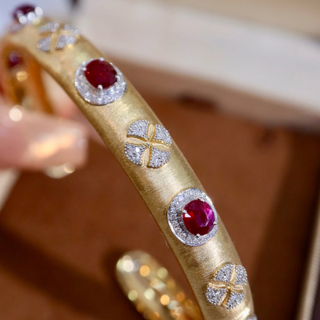 14k Gold 3.40 Ctw Vivid Red Natural Ruby & Diamond Bangle - 4