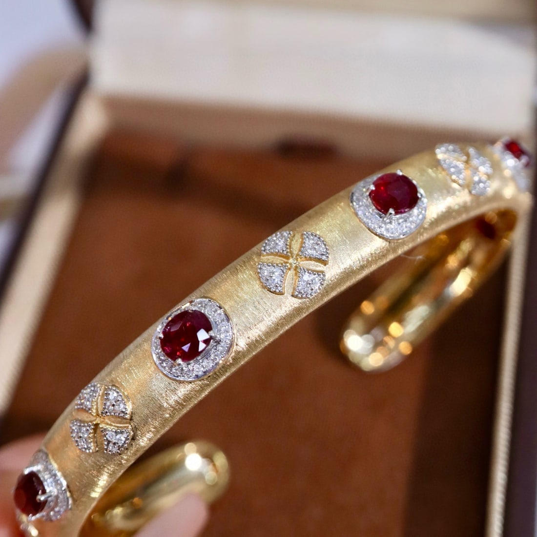 14k Gold 3.40 Ctw Vivid Red Natural Ruby & Diamond Bangle - 5