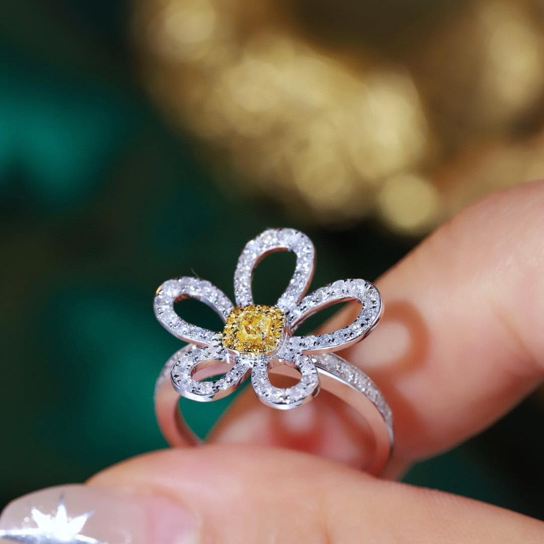 14k Gold 0.85 Ctw Natural Yellow Diamond & Diamond & Flowers Ring - 3