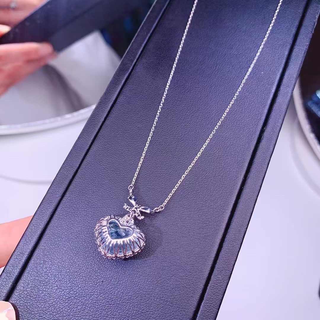 14k Gold 7 Ct Natural Aquamarine & Diamond Necklace - 6