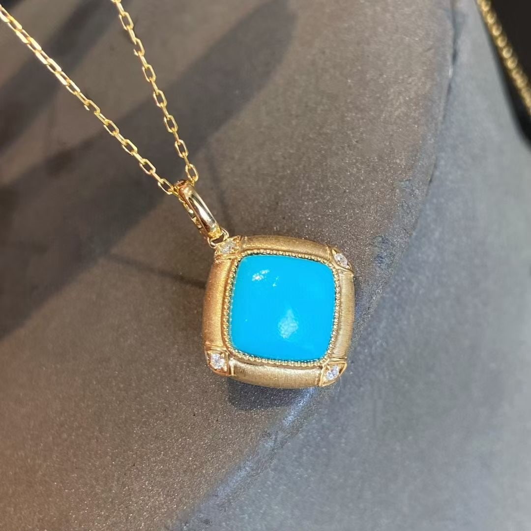 14k Gold 2.2 Ct Natural Blue Turquoise & Diamond Pendant( Without Chain ): Ref:231071114 // gold content:14k gold // main gemstone:blue turquoise // shape:cushion // carat weight:2. 2ct // color:blue // treatment:natural // // adjacent gemstone 2 : diamond // shape:round //