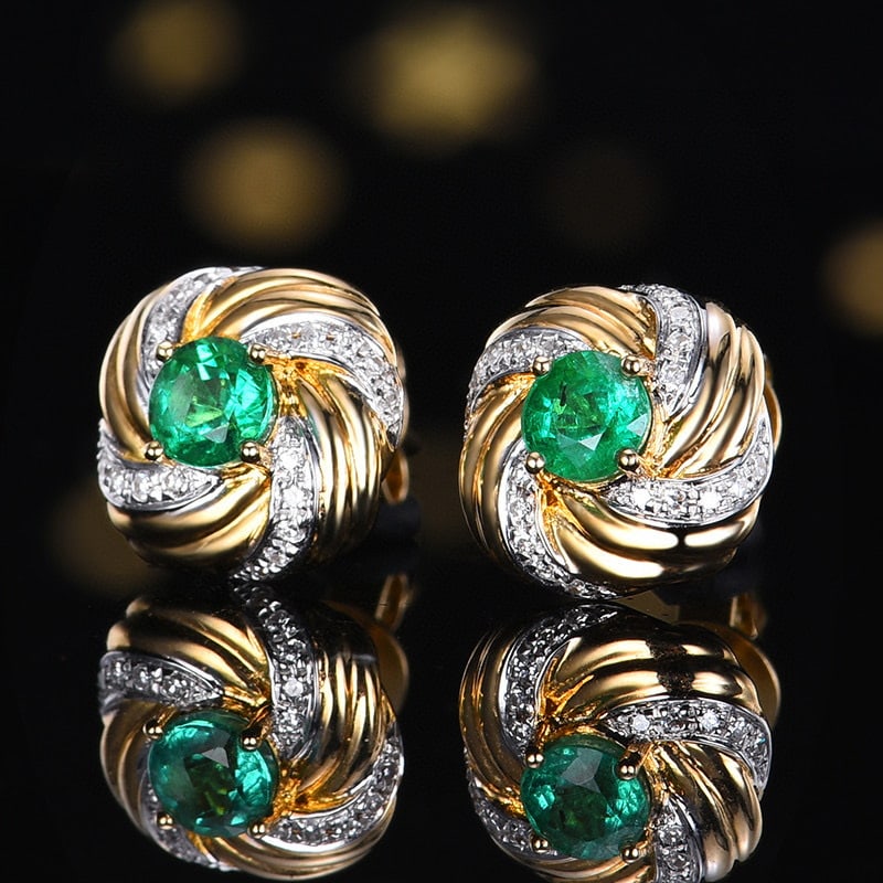 14k Gold 0.57 Ctw Natural Emerald & Diamond Earrings - 2