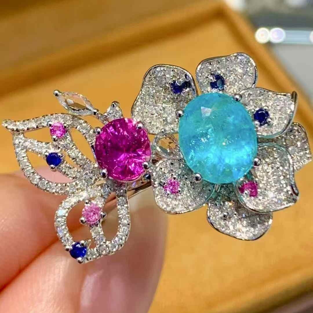 14k Gold 2.5 Ct Natural Paraiba Tourmaline & Sapphire & Diamond Ring: Ref:231071151 // gold content:14k gold // ring size:7. 25us // // main gemstone:paraiba tourmaline & sapphire // shape:oval // carat weight:2. 5ct // color:blue & purple // treatment:natural // //