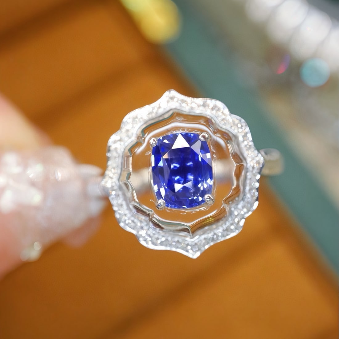 14k Gold 1.23 Ctw Natural Sapphire & Diamond Ring: Ref:231071202 // gold content:14k gold // ring size:7. 25us // // main gemstone:sapphire // shape:cushion // carat weight:1. 10ct // color:cornflower blue // treatment:natural // // adjacent gemstone