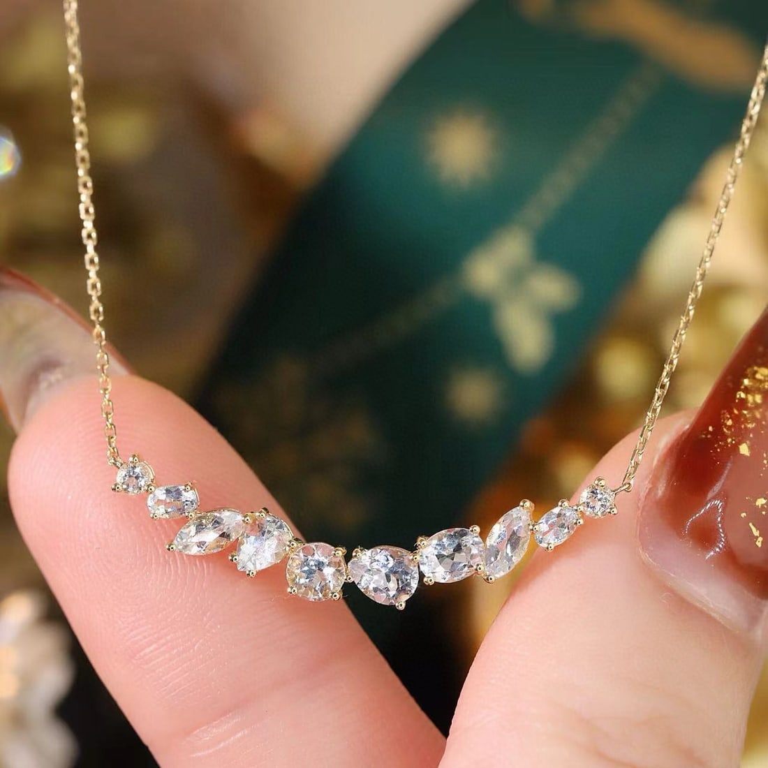 14k Gold 1.2 Ct Natural Aquamarine Necklace: Ref:231071212 // gold content:14k gold // main gemstone:aquamarine // shape:multiple // carat weight:1. 2ct // color:blue // treatment:natural // Condition: New Low Estimate: 1400.00 High Estimate: