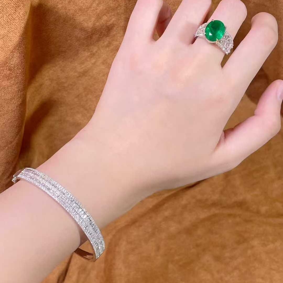 14k Gold 5.55 Ctw Vivid Green Natural Emerald & Sapphire Ring - 7