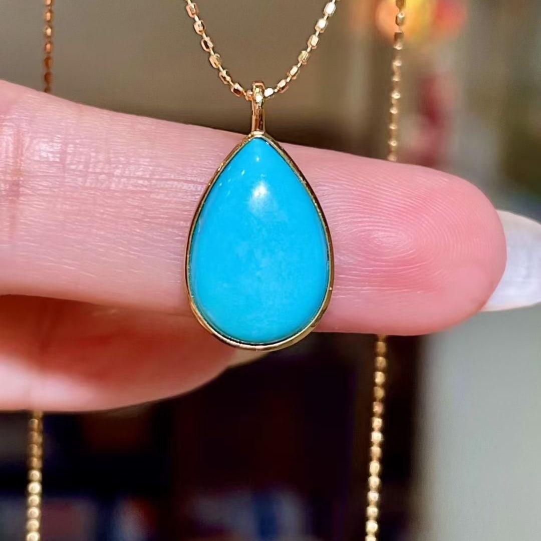 14k Gold 3.87 Ct Natural Blue Turquoise Pendant( Without Chain ): Ref:231071260 // gold content:14k gold // main gemstone:blue turquoise // shape:pear // carat weight:3. 87ct // color:blue // treatment:natural // Condition: New High Estimate: 2600 Low Estimate: 1800