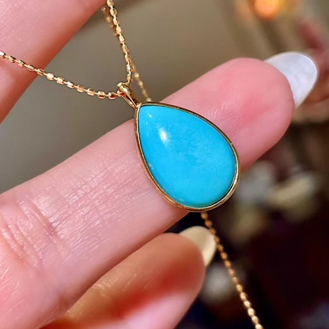 14k Gold 3.87 Ct Natural Blue Turquoise Pendant( Without Chain ) - 2
