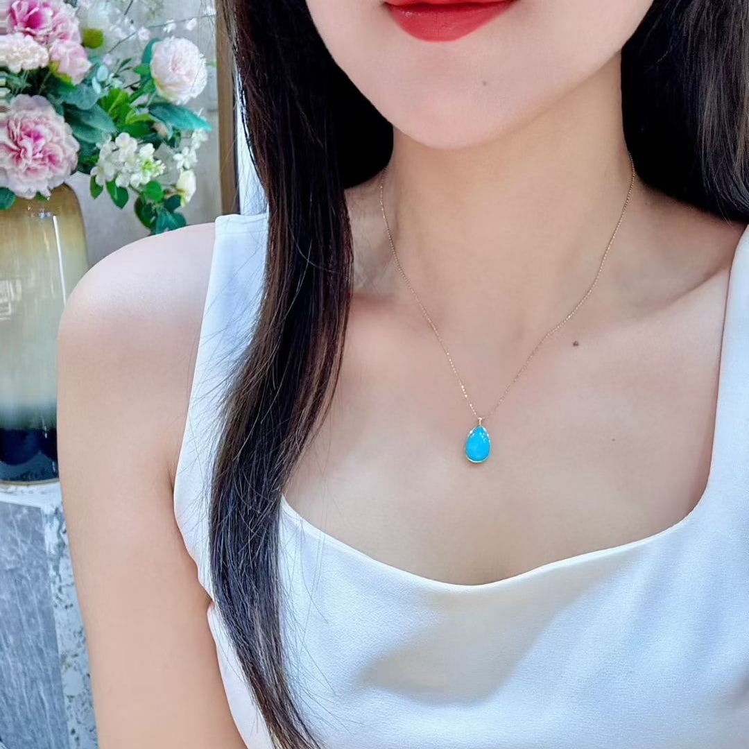 14k Gold 3.87 Ct Natural Blue Turquoise Pendant( Without Chain ) - 4