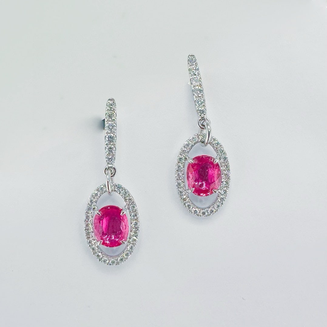 14k Gold 2.61 Ctw Natural Sapphire & Diamond Earrings: Ref:231072004 // gold content:14k gold // main gemstone:sapphire // shape:oval // carat weight:2. 10ct // color:pink // treatment:natural // // adjacent gemstone 2 : diamond // shape:round // carat