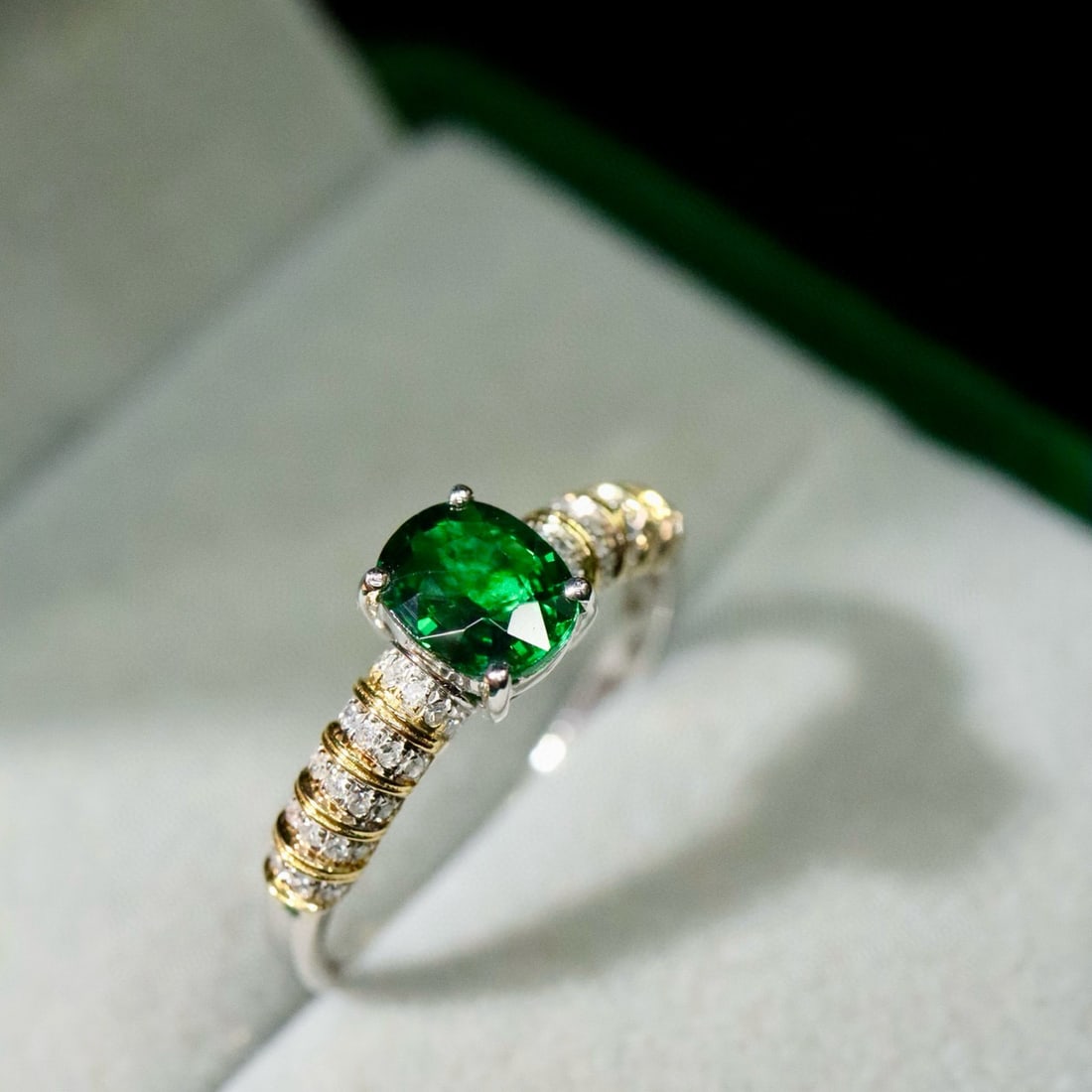 14k Gold 0.85 Ctw Vivid Green Natural Tsavorite & Diamond Ring: Ref:231072061 // gold content:14k gold // ring size:7. 25us // // main gemstone:tsavorite // shape:cushion // carat weight:0. 70ct // color:vivid green // treatment:natural // // adjacent gemstone 2