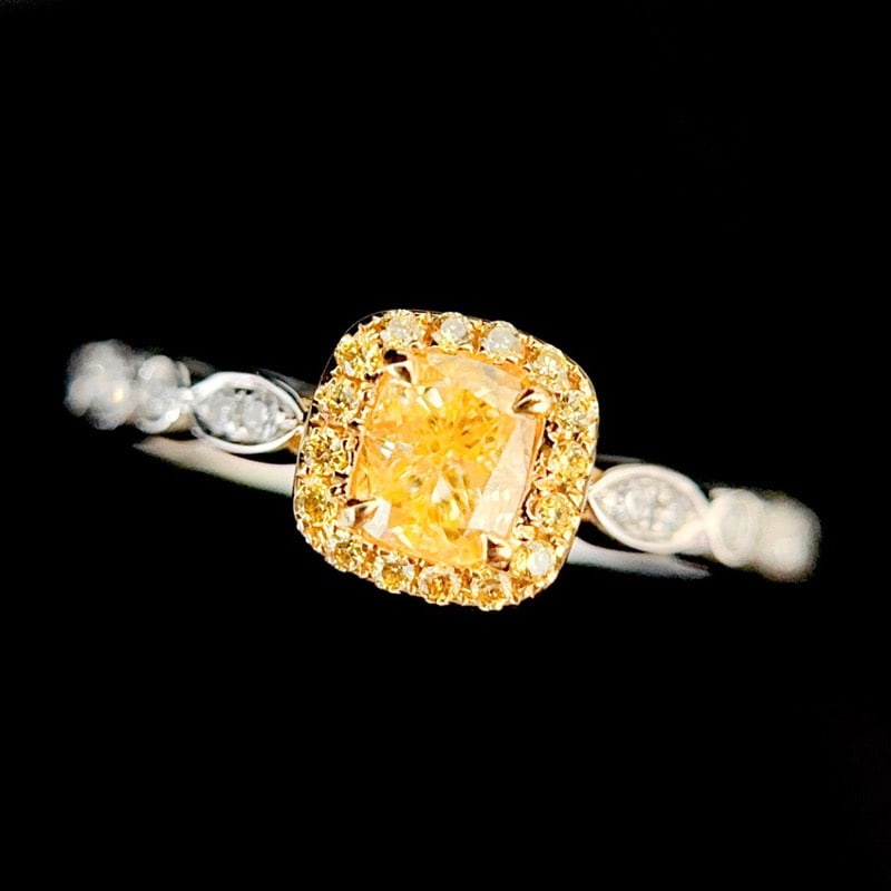 14k Gold 0.55 Ctw Natural Yellow Diamond & Diamond Ring: Ref:231072066 // gold content:14k gold // ring size:7. 25us // // main gemstone:yellow diamond // shape:cushion // carat weight:0. 4ct // color:yellow // treatment:natural // // adjacent gemstone 2 : 