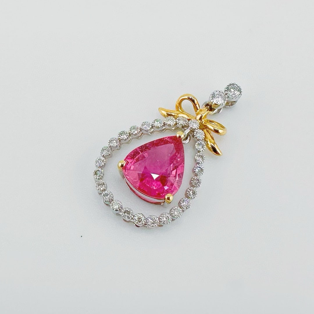14k Gold 1.30 Ct Natural Tourmaline & Diamond Pendant( Without Chain ): Ref:231072070 // gold content:14k gold // main gemstone:tourmaline // shape:pear // carat weight:1. 30ct // color:red // treatment:natural // // adjacent gemstone 2 : diamond // number of stones:28