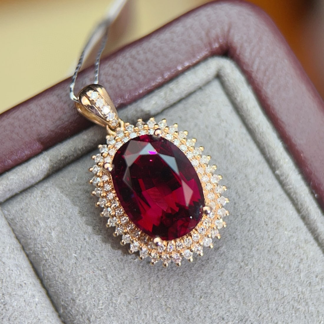 14k Gold 3.67 Ctw Natural Tourmaline & Diamond Pendant( Without Chain ): Ref:231072072 // gold content:14k gold // main gemstone:tourmaline // shape:oval // carat weight:3. 36ct // color:red // treatment:natural // // adjacent gemstone 2 : diamond // number of stones:79