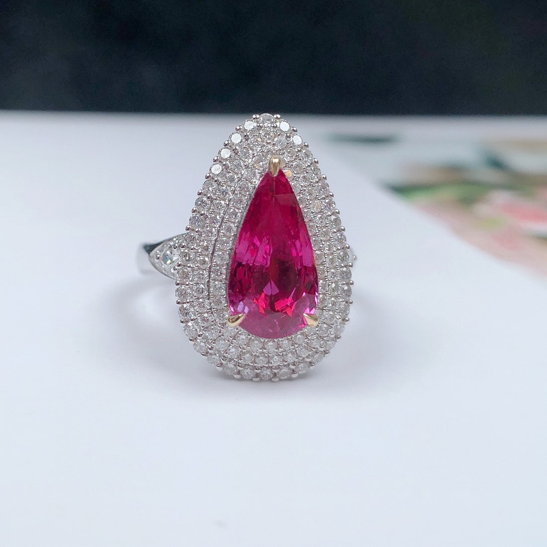 14k Gold 4.29 Ctw Natural Sapphire & Diamond Ring/pendant( Without Chain ): Ref:231072082 // gold content:14k gold // ring size:7. 25us // // main gemstone:sapphire // shape:pear // carat weight:3. 13ct // color:pink // treatment:natural // // adjacent gemstone 2 : diamond