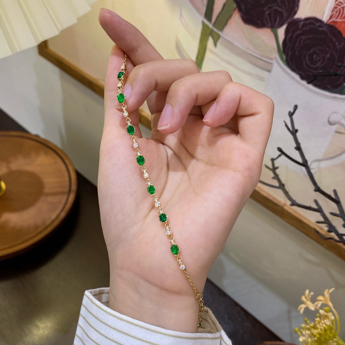 14k Gold 1.83 Ctw Vivid Green Natural Emerald & Diamond Bracelet - 5