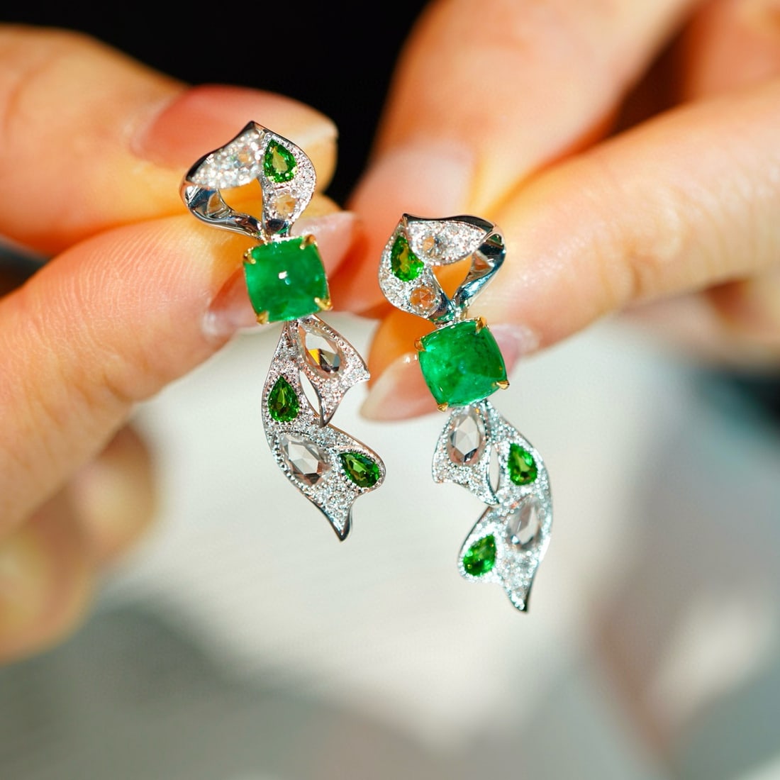 14k Gold 1.7 Ct Vivid Green Natural Emerald & Diamond & Sapphire & Tsavorite Earrings - 2